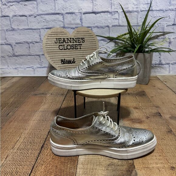Shellys London Platform lace up Shoes Metallic Silver Sneaker Made in Spain - Picture 2 of 12